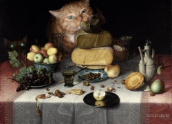 Floris van Dijck, Still Life with Cheeses and Cats