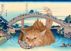 Katsushika Hokusai, Catzilla pops up under the Mannen Bridge at Fukagawa, from the series Thirty-six Views of Mount Fuji